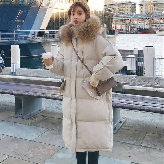 CITSLX TFETTERS with Fur Collar Hooded Long Coat Women 2025 New Korean Casual Loose Down Cotton Padded Parkas Women Winter Clothing