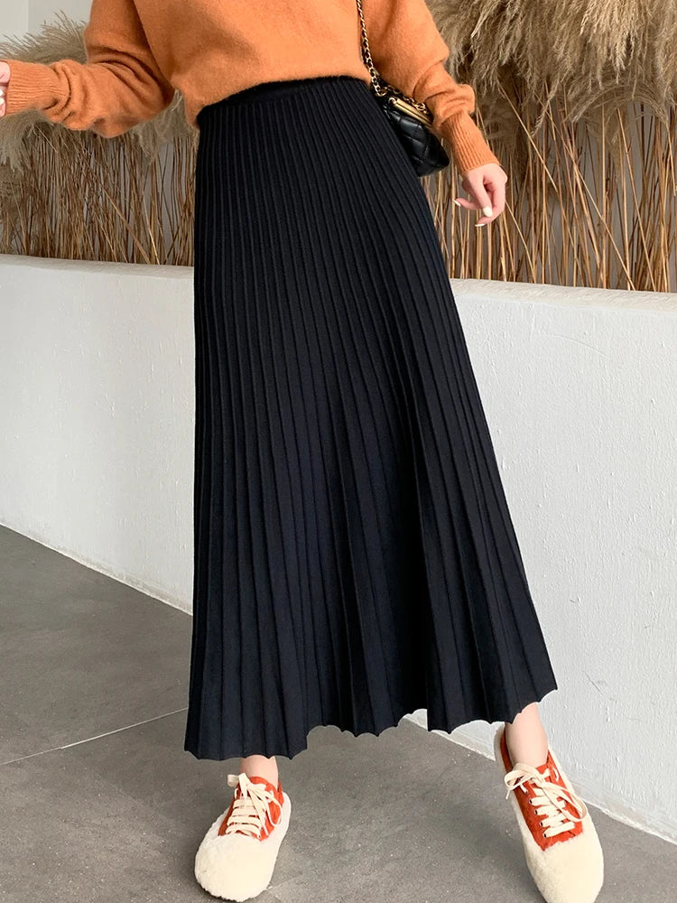 CITSLX TIGENA Knitted Long Maxi Skirt Women 2025 Fall Winter Casual Solid Thick Warm A Line High Waist Ankle Length Skirt Female Ladies