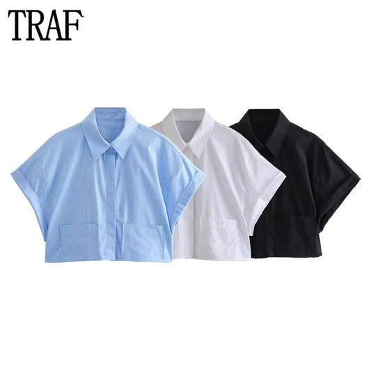 CITSLX TRAF 2024 Cropped Women's Shirt Black White Oversized Shirt Woman Short Sleeve Crop Tops for Women Summer Shirts and Blouses