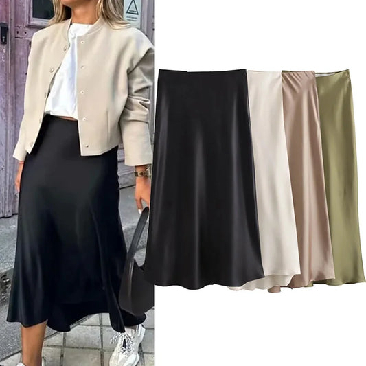 CITSLX TRAF 2024 Black Satin Skirt Woman High Waist Elegant Long Skirts For Women Fashion Summer Midi Skirt Office Women's Skirts