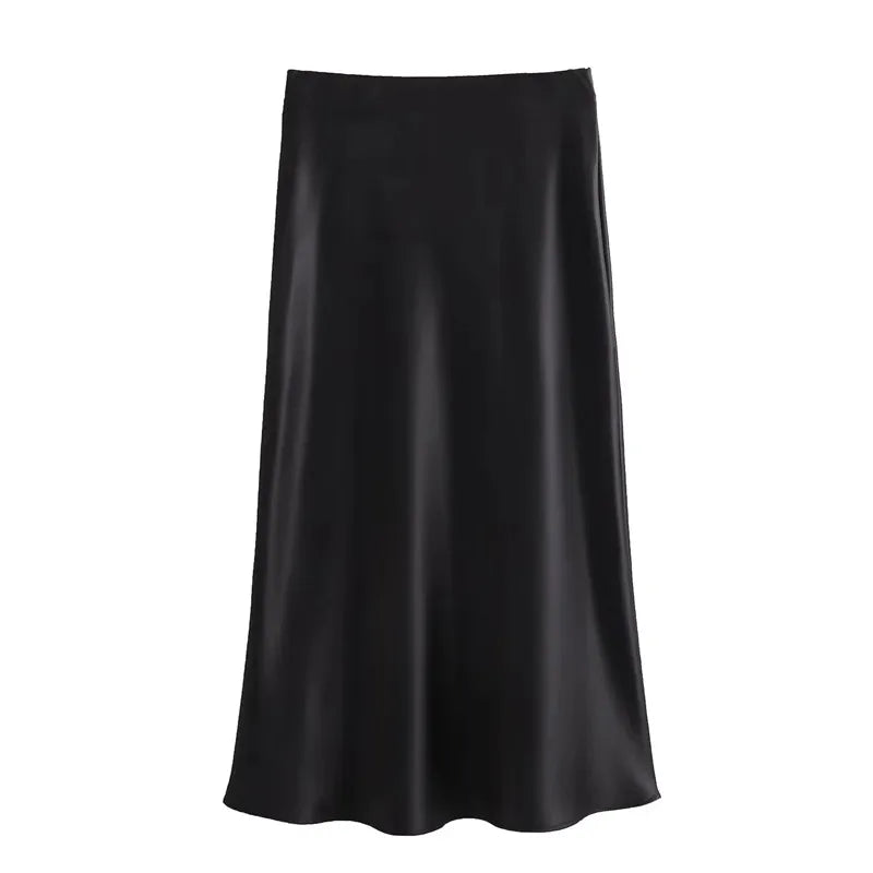 CITSLX TRAF 2024 Black Satin Skirt Woman High Waist Elegant Long Skirts For Women Fashion Summer Midi Skirt Office Women's Skirts