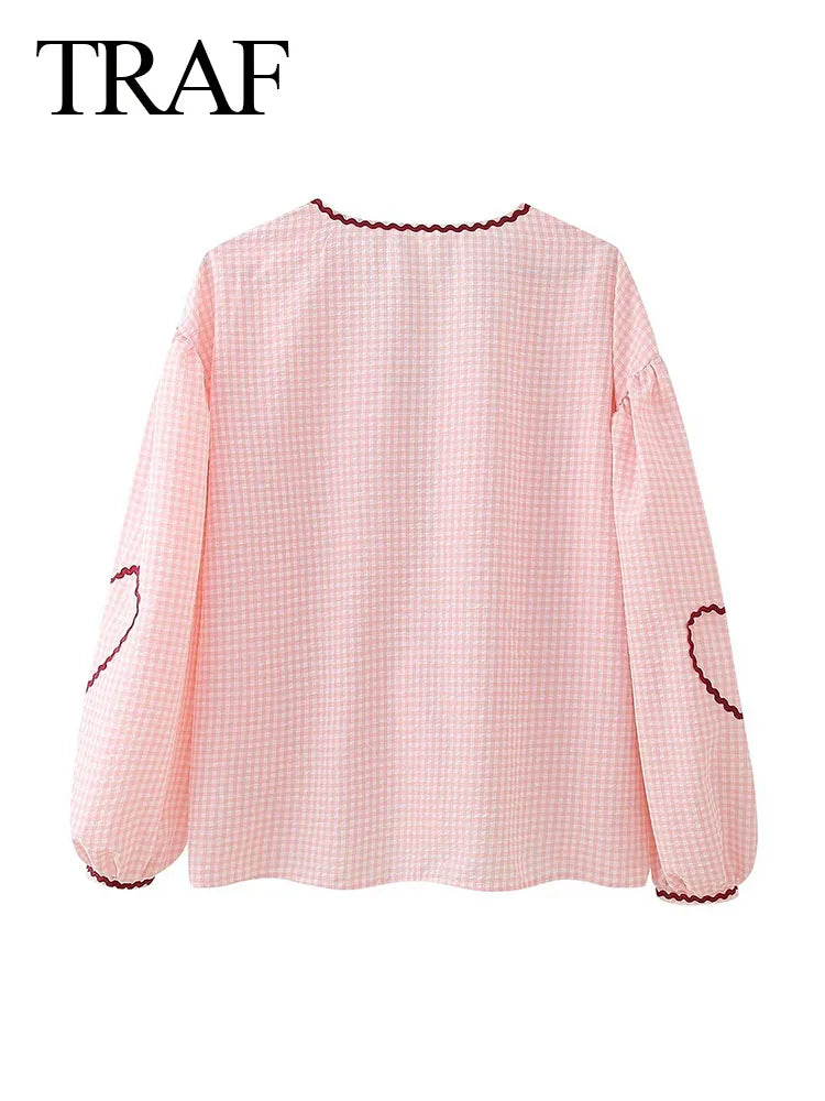 CITSLX TRAF 2024 Elegant Woman Casual Long Sleeve Pink Blouse Women Plaid Print Hollow Out Bow Lace Up Love Folds Decorate Shirts