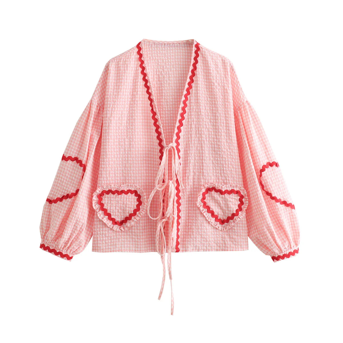 CITSLX TRAF 2024 Elegant Woman Casual Long Sleeve Pink Blouse Women Plaid Print Hollow Out Bow Lace Up Love Folds Decorate Shirts