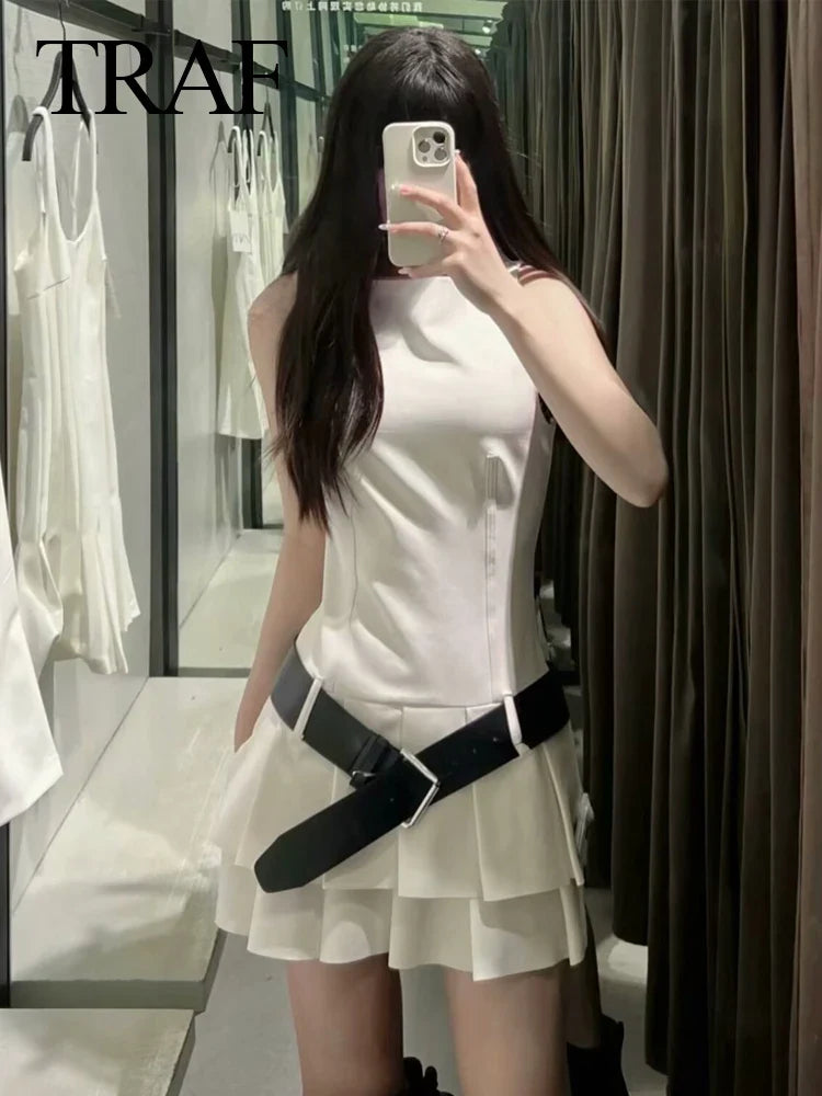 CITSLX TRAF 2024 New Woman White Solid High Waist Back Zipper Pleated Skirts Women O Neck Sleeveless Sexy With Belt Slim Mini Dress