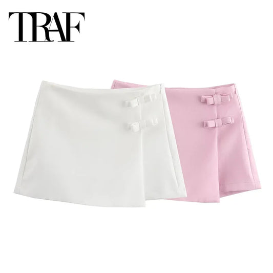 CITSLX TRAF 2024 Pink White Mini Skirt Woman Fashion Bow Skort For Women Summer Slit Short Skirt Woman Split High Waist Skirt Shorts