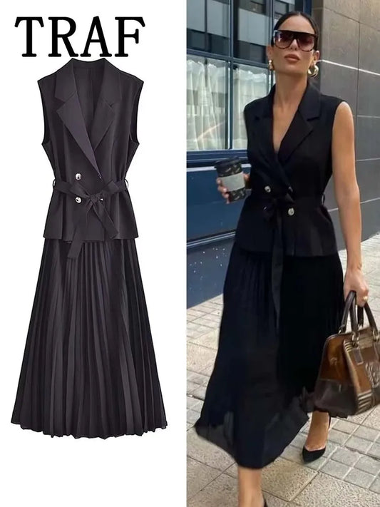 CITSLX TRAF Corset Dress Women Pleated Vests Long Dresses for Women 2024 Sleeveless Office Party Dress Ruched Midi Evening Dresses