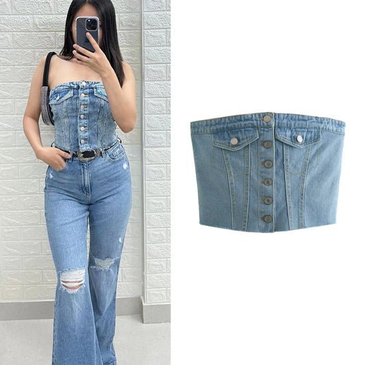 CITSLX TRAF Denim Top Women Cropped Corset Top Summer Off shoulder Crop top Woman Tube top Sleeveless Bustier Tank top