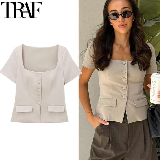 CITSLX TRAF Outerwears Vests Autumn Short Sleeve Blazer Vest Top Women Office Casual Cropped Elegant Coats Woman Formal Short Suit Vest