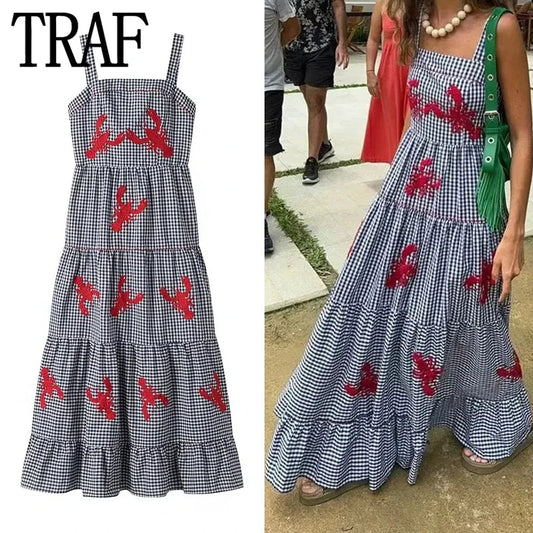 CITSLX TRAF Plaid Slip Long Dress Woman Embroidery Ruffle Summer Dresses 2024 Sleeveless Beach Holiday Dress Women Casual Midi Dresses