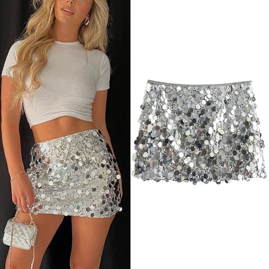 CITSLX Silver Sequin Skirt Woman High Waist Mini Skirt Woman Fashion Shiny Glitter Elegant Short Skirts For Women Y2k Skirts