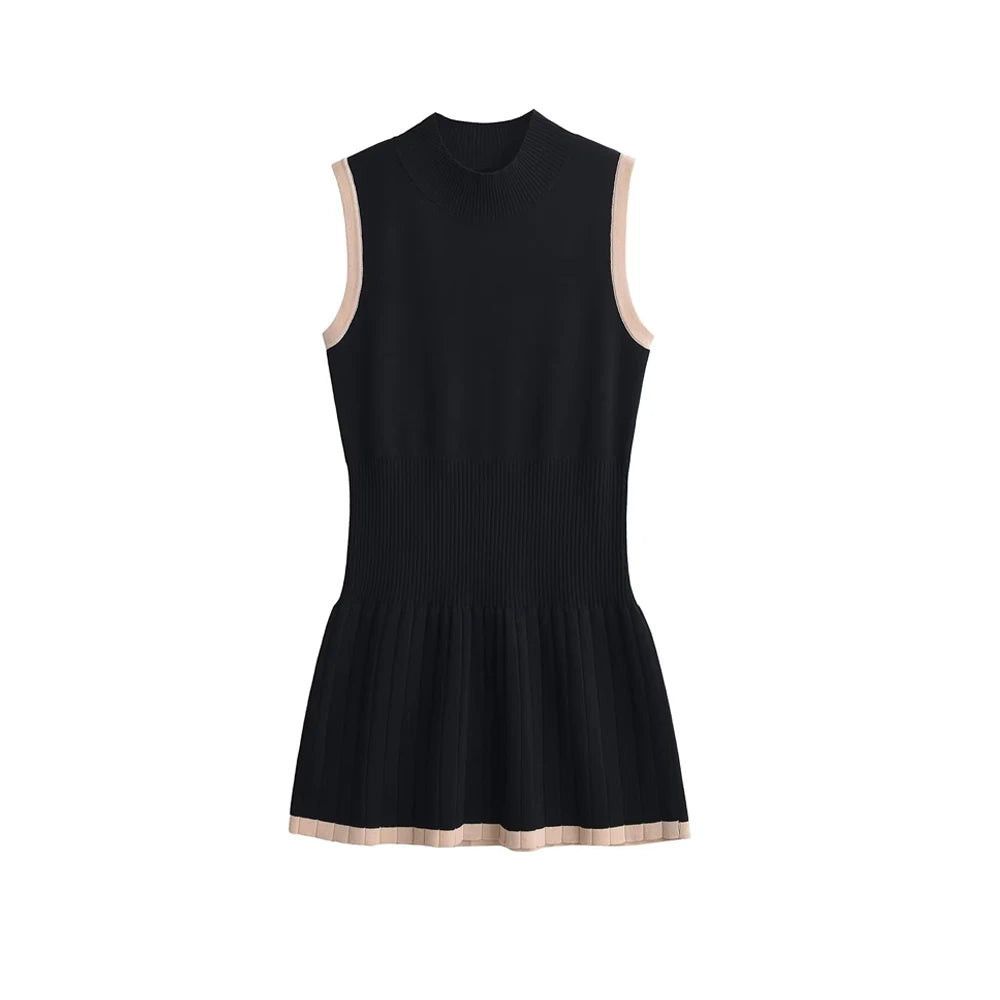 CITSLX TRAF-Sleeveless Knit Mini Dress for Women, High Neck, Patchwork, Female Dresses, Chic Fashion