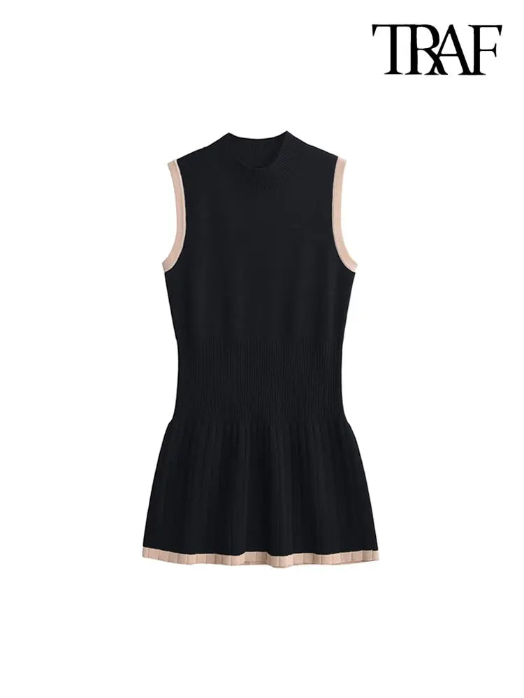 CITSLX TRAF-Sleeveless Knit Mini Dress for Women, High Neck, Patchwork, Female Dresses, Chic Fashion