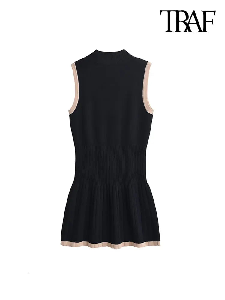 CITSLX TRAF-Sleeveless Knit Mini Dress for Women, High Neck, Patchwork, Female Dresses, Chic Fashion