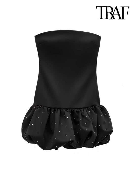 CITSLX TRAF-Strapless Mini Dress for Women with Rhinestones, Straight Neck, Back Zipper, Female Dresses, Sexy Fashion