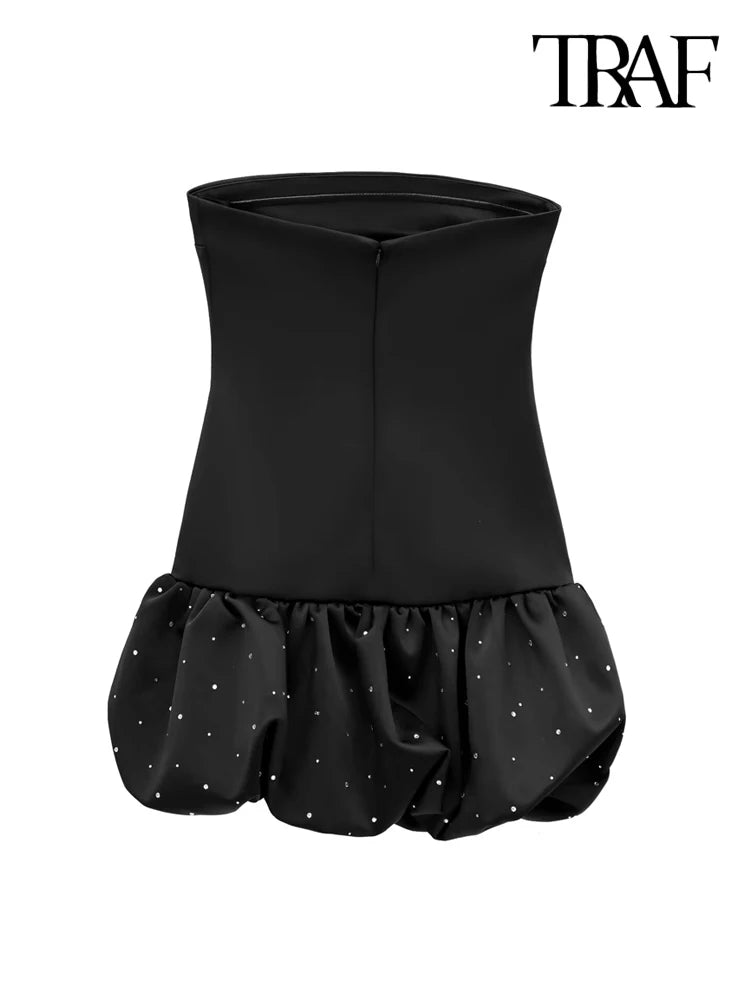 CITSLX TRAF-Strapless Mini Dress for Women with Rhinestones, Straight Neck, Back Zipper, Female Dresses, Sexy Fashion