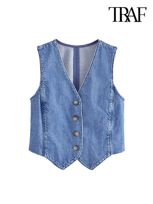 CITSLX TRAF Women Fashion Front Button Denim Waistcoat Vintage V Neck Sleeveless Female Outerwear Chic Vest Tops