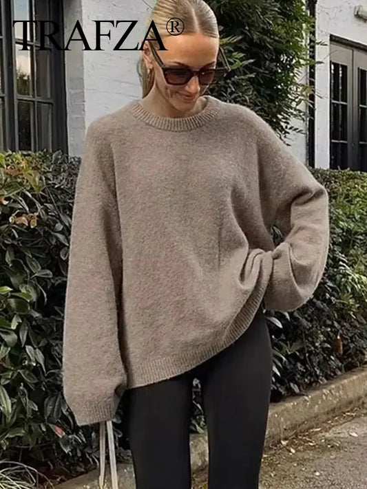 CITSLX TRAFZA 2025 Autumn Women Fashion Solid Sweater Knit O Neck Long Sleeves Female Tops Wild Basic Commute Casual Woman Pullover