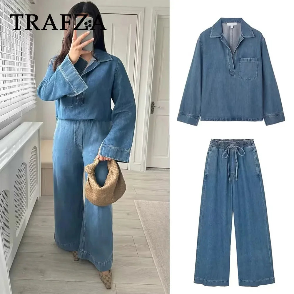 CITSLX TRAFZA 2024 Spring Summer Casual Denim Women Suits Fashion Vintage Turn-down Collar Pocket Shirts+Chic Drawstring Wide Leg Pants