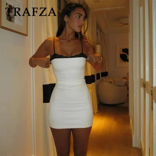 CITSLX TRAFZA 2024 Spring Summer Sexy Lace Patchwork Women Dress Fashion Solid Slim Nightclub Strapless Sleeveless Camisole Mini Dress