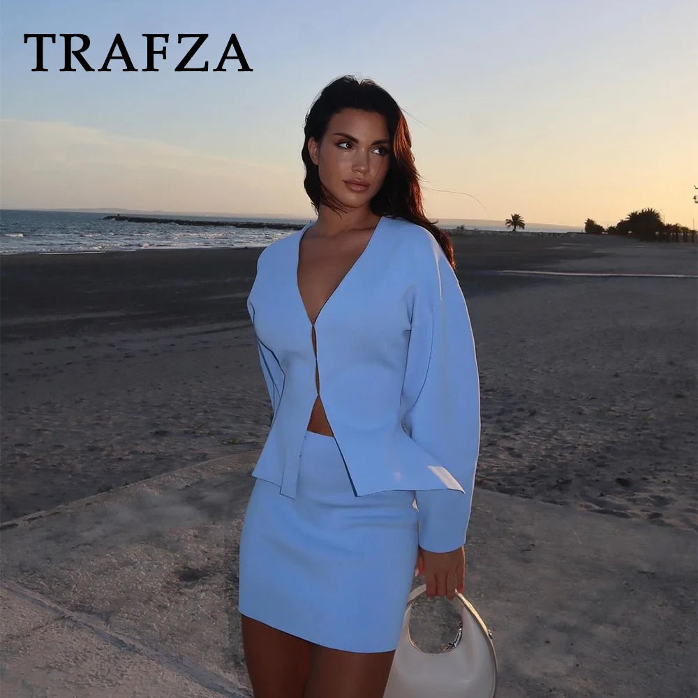 CITSLX TRAFZA 2024 Spring Summer Sexy Solid Knitted Women Suits Fashion Nightclub V Neck Single Breasted Shirts+Chic Mini Pencil Skirts