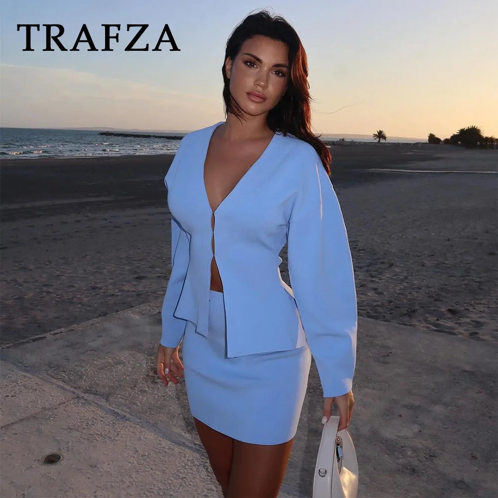 CITSLX TRAFZA 2024 Spring Summer Sexy Solid Knitted Women Suits Fashion Nightclub V Neck Single Breasted Shirts+Chic Mini Pencil Skirts