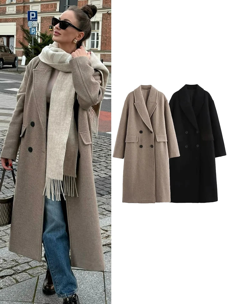 CITSLX TRAFZA Female Casual Overcoat Solid Turn-Down Collar Long Sleeve Pockets Double Breasted Winter Coat Woman Trendy 2 Color