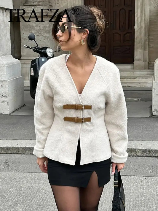 CITSLX TRAFZA Retro Leather Buckle Woolen Coat Women Fashion Solid V Neck Long Sleeve Beige Jacket Autumn Spring Chic Female Streetwear