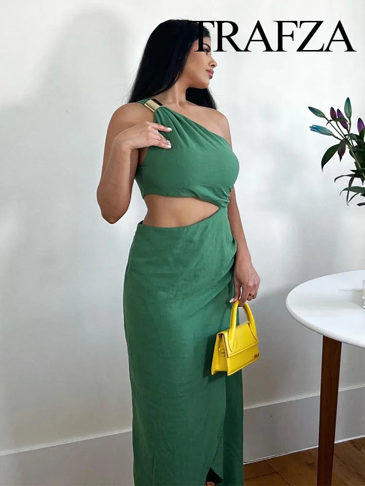 CITSLX TRAFZA Summer Women Asymmetric Off Shoulder Midi Dress Ruched Cut Out Backless Long Dress Female Elegant Party Club Vestidos