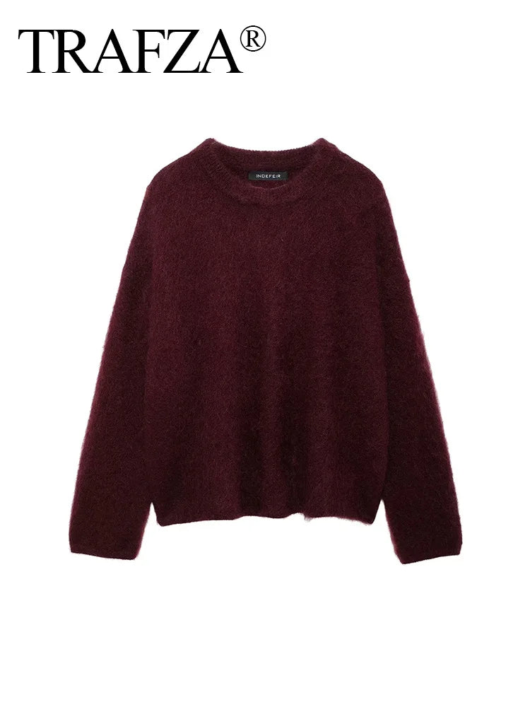 CITSLX TRAFZA Winter Women Burgundy Long Sleeve Pullovers Casual O-neck Loose Fluffy Fuzzy Jumper Sweater Female Fashion Knitted Tops