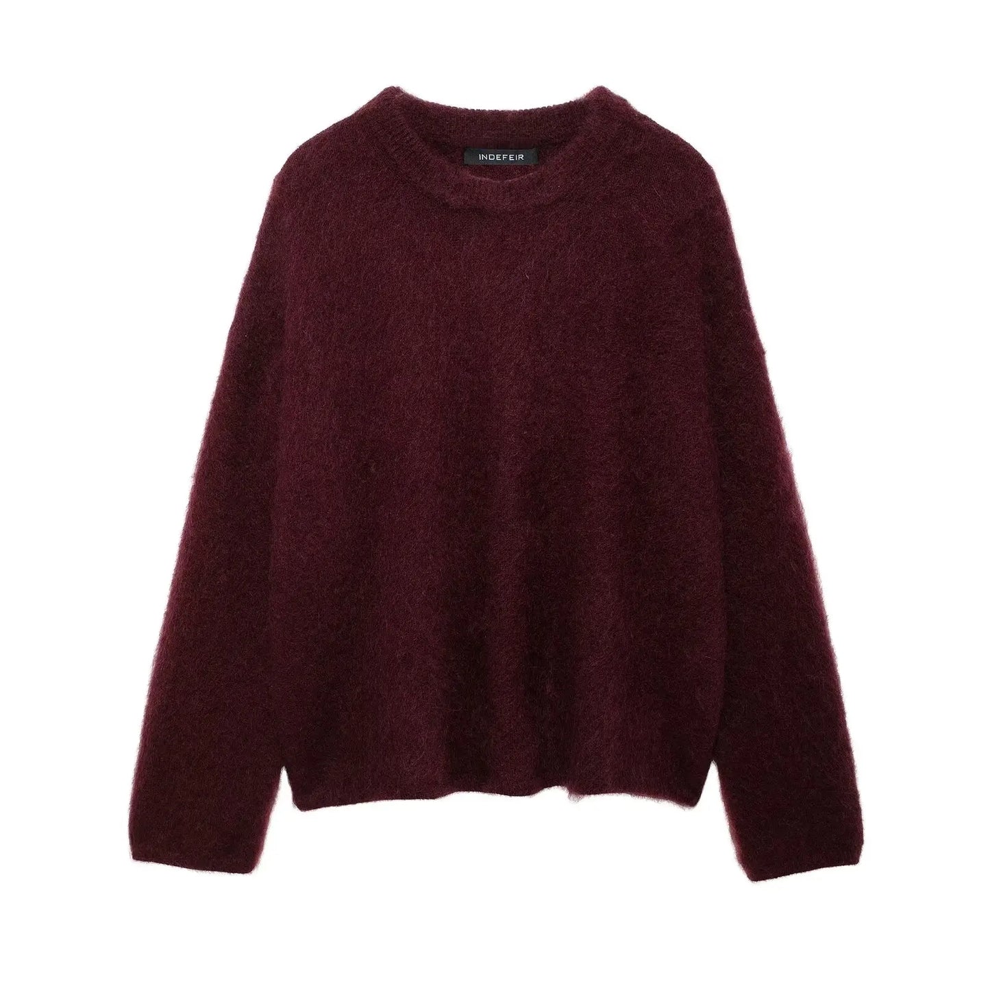 CITSLX TRAFZA Winter Women Burgundy Long Sleeve Pullovers Casual O-neck Loose Fluffy Fuzzy Jumper Sweater Female Fashion Knitted Tops