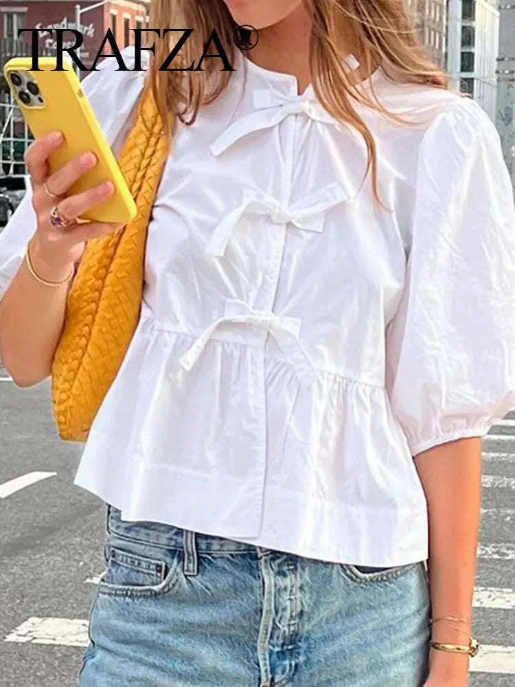 CITSLX TRAFZA Women Bow Lace Up Puff Sleeve Shirt Sweet White Black O Neck Blouse 2024 Spring Summer Casual Female Chic Top Shirts