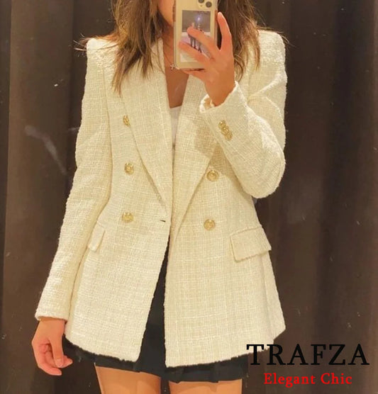 CITSLX TRAFZA Women Elegant Textured Blazer Lapel Gold-Color Button Double Breasted Slim Blazer New Spring Fall Fashion Commuter Blazer