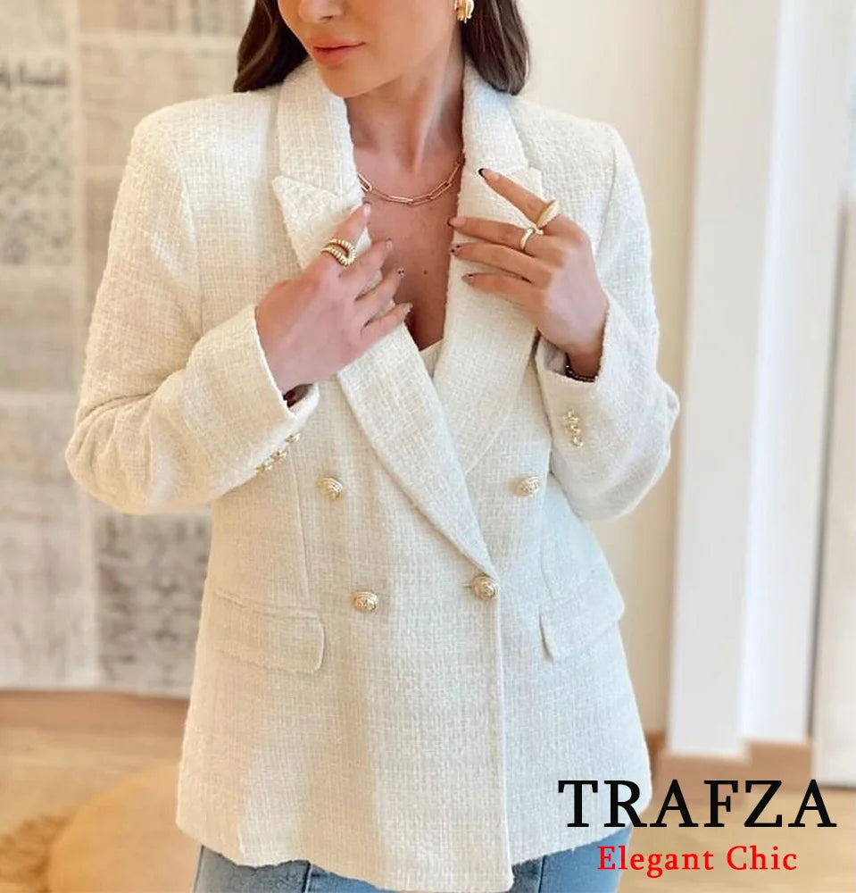 CITSLX TRAFZA Women Elegant Textured Blazer Lapel Gold-Color Button Double Breasted Slim Blazer New Spring Fall Fashion Commuter Blazer