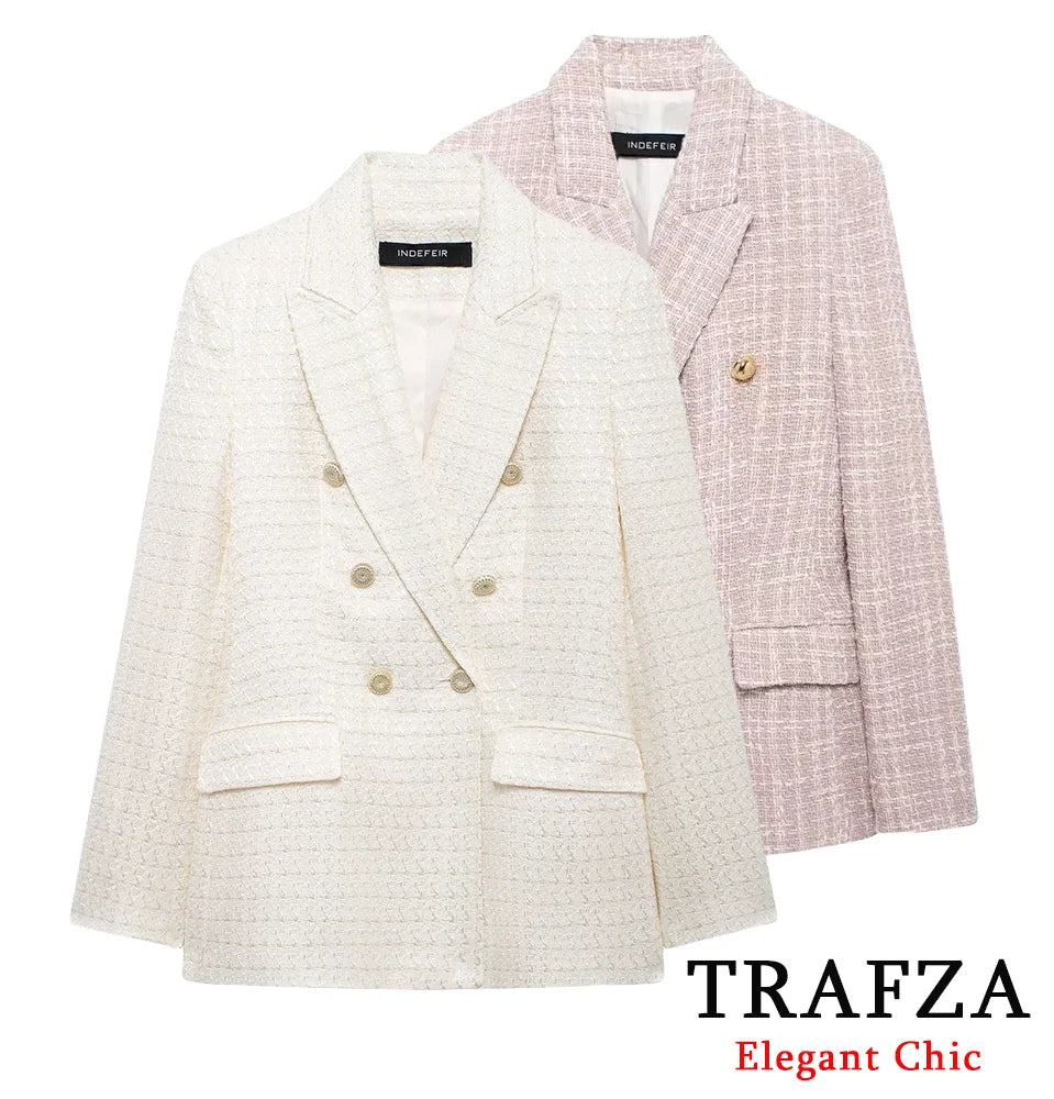 CITSLX TRAFZA Women Elegant Textured Blazer Lapel Gold-Color Button Double Breasted Slim Blazer New Spring Fall Fashion Commuter Blazer