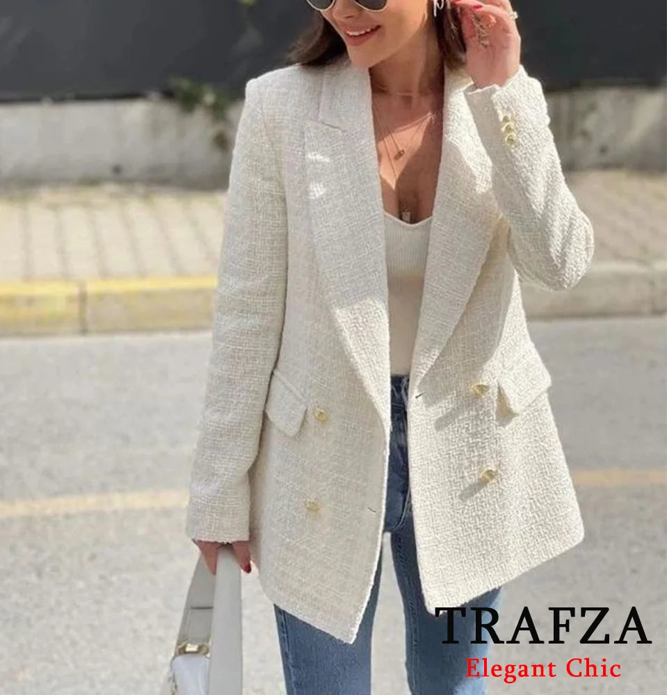 CITSLX TRAFZA Women Elegant Textured Blazer Lapel Gold-Color Button Double Breasted Slim Blazer New Spring Fall Fashion Commuter Blazer