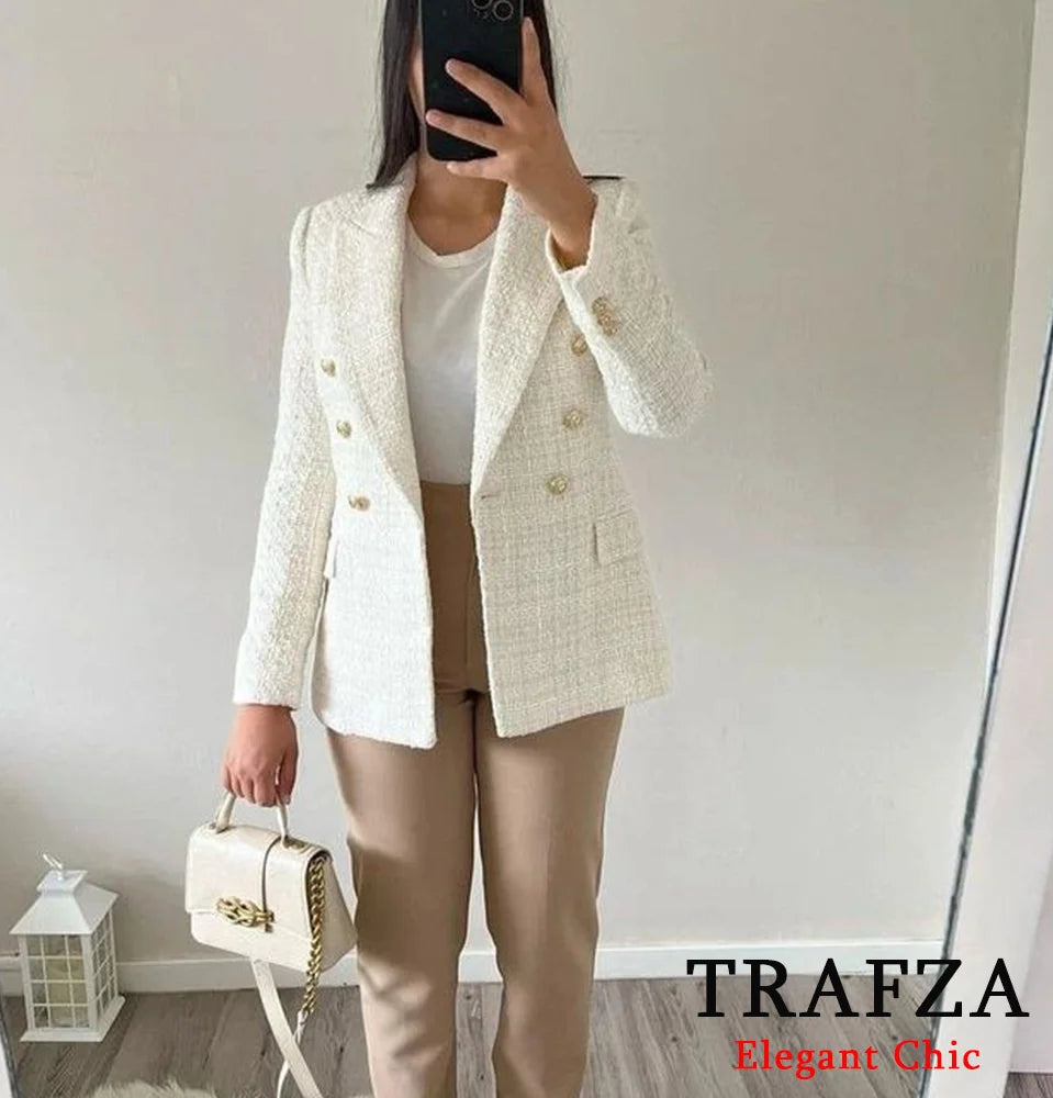 CITSLX TRAFZA Women Elegant Textured Blazer Lapel Gold-Color Button Double Breasted Slim Blazer New Spring Fall Fashion Commuter Blazer