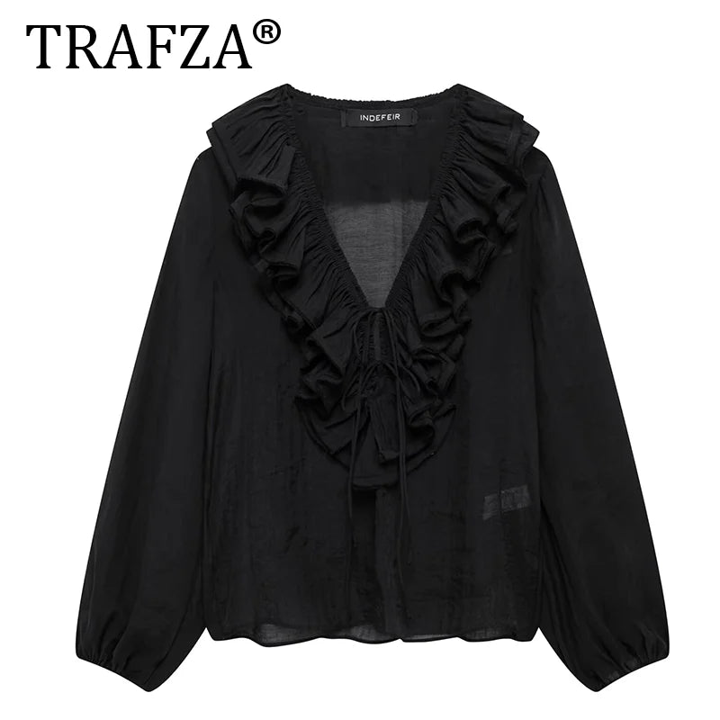 CITSLX TRAFZA Women Fashion Blouses Solid V-Neck Lantern Long Sleeves Tierred Decorate Lace-Up Female Autumn Casual Shirts 3 Color