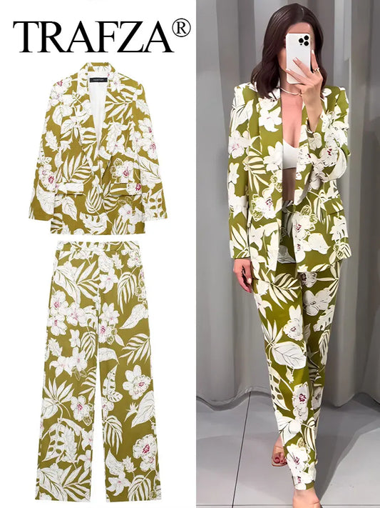 CITSLX TRAFZA Women Fashion Floral Print Trouser Suits V Neck Commute Blazer Top + Back Elastic Waist Office Woman Wide Leg Long Pant