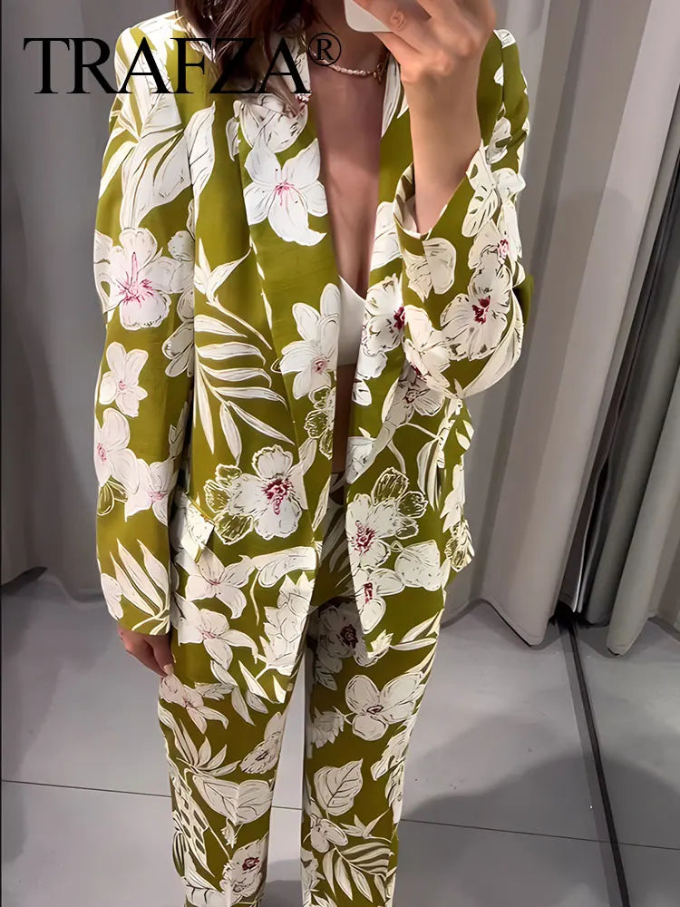 CITSLX TRAFZA Women Fashion Floral Print Trouser Suits V Neck Commute Blazer Top + Back Elastic Waist Office Woman Wide Leg Long Pant