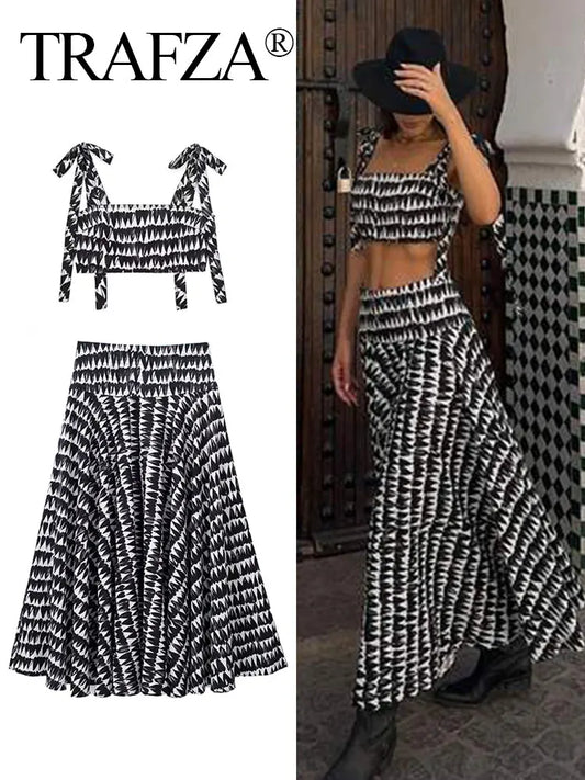 CITSLX TRAFZA Women Fashion Print Skirts Suit Sexy Backless Sleeveless Slim Corset Crop Top Side Zipper Midi Skirt Y2K Streetwear Sets