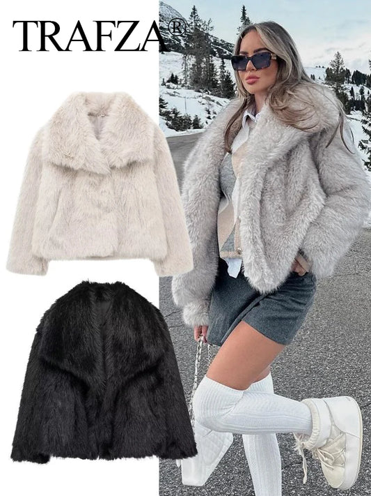 CITSLX TRAFZA Women Vintage Cropped Faux Fur Jacket Coat 2025 Elegant Loose Long Sleeve Jacket Female Thick High Street Outerwear