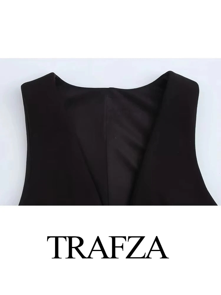 CITSLX TRAFZA Women's 2 Piece Set Summer V-Neck Sleeveless Ruffles Vest Top+Fashion Solid High Waist Side Zip Pleated Mini Skirt Mujer