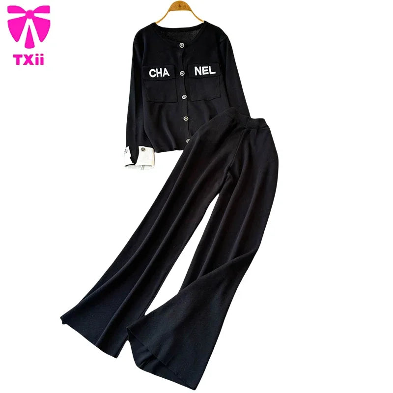 CITSLX TXii Fashion suit Women's Winter New Round Neck Knitted Long-sleeved Top High Waist Slimming Wide-leg Pants Casual Two-piece Set