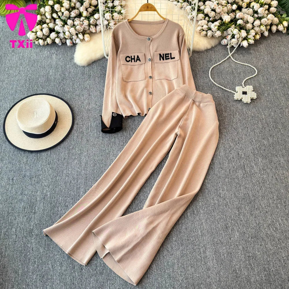 CITSLX TXii Fashion suit Women's Winter New Round Neck Knitted Long-sleeved Top High Waist Slimming Wide-leg Pants Casual Two-piece Set