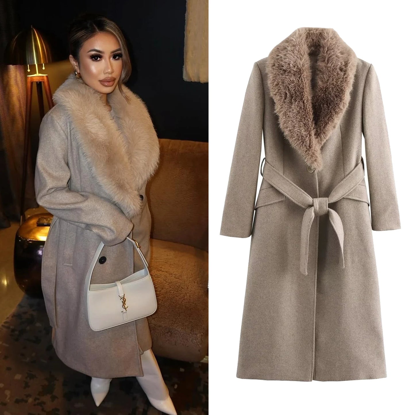 CITSLX Taop&Za women's 2024 autumn and winter new fur lapel coat single breasted solid color commuting temperament long coat