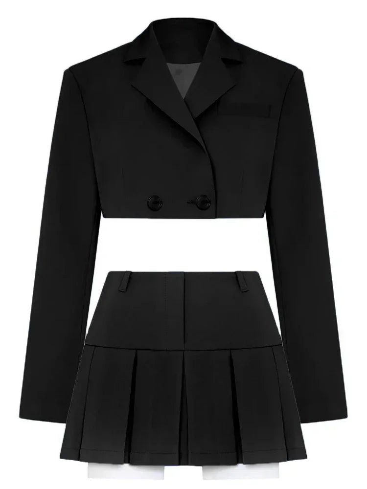 CITSLX Taruxy Casual Two Piece Sets Women's Outfits 2024 New Black Matching Sets With Skirt And Blazer Cropped Top Skirt Sets For Women