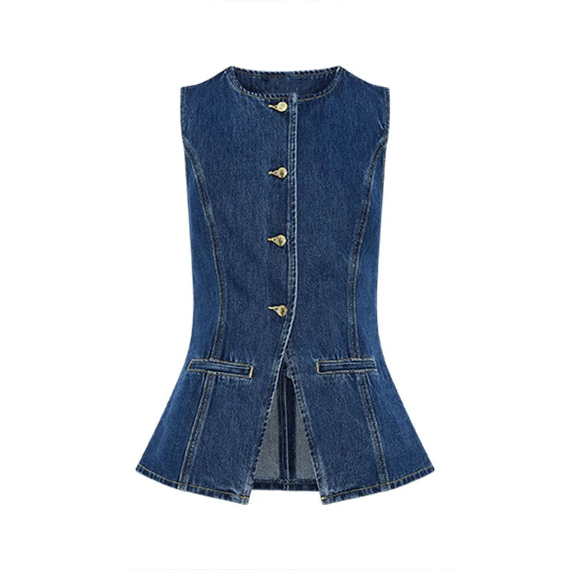 CITSLX Temperament Women Suits Office Sets Sleeveless O Neck Single Breasted Tops High Waist Shorts Denim Set Slim Elegant Streetwear