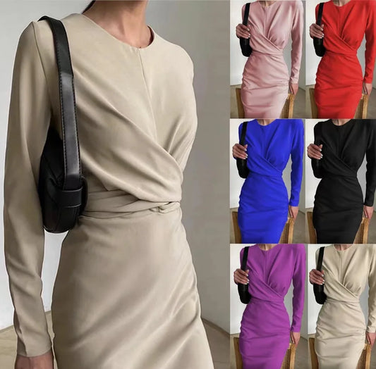 CITSLX Temperament long-sleeved dress female autumn new French retro waist slim hip dress