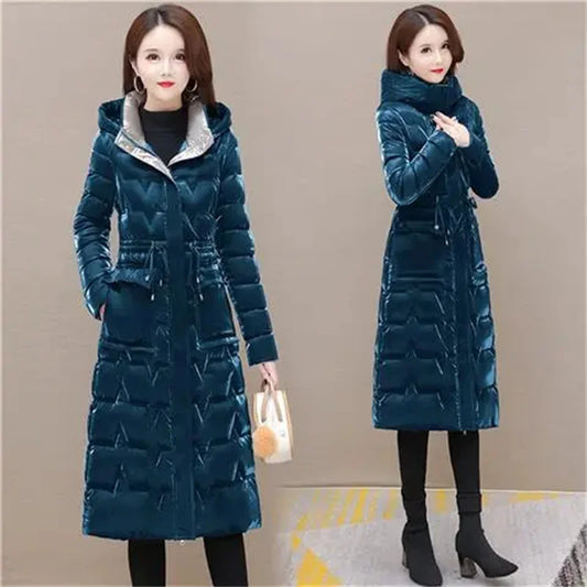 CITSLX Thick Women's Windproof Long Mother's Down Cotton Coat Women's 2025 Winter Fashion Warm Slim Waist Wrapped Parka Hooded Lace-Up