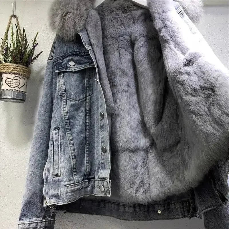 CITSLX Thickened Cotton Coat Denim Jacket Women's Cropped 2025 Winter New Style Versatile Korean Version Loose-Fit Fleece-Lined Short O